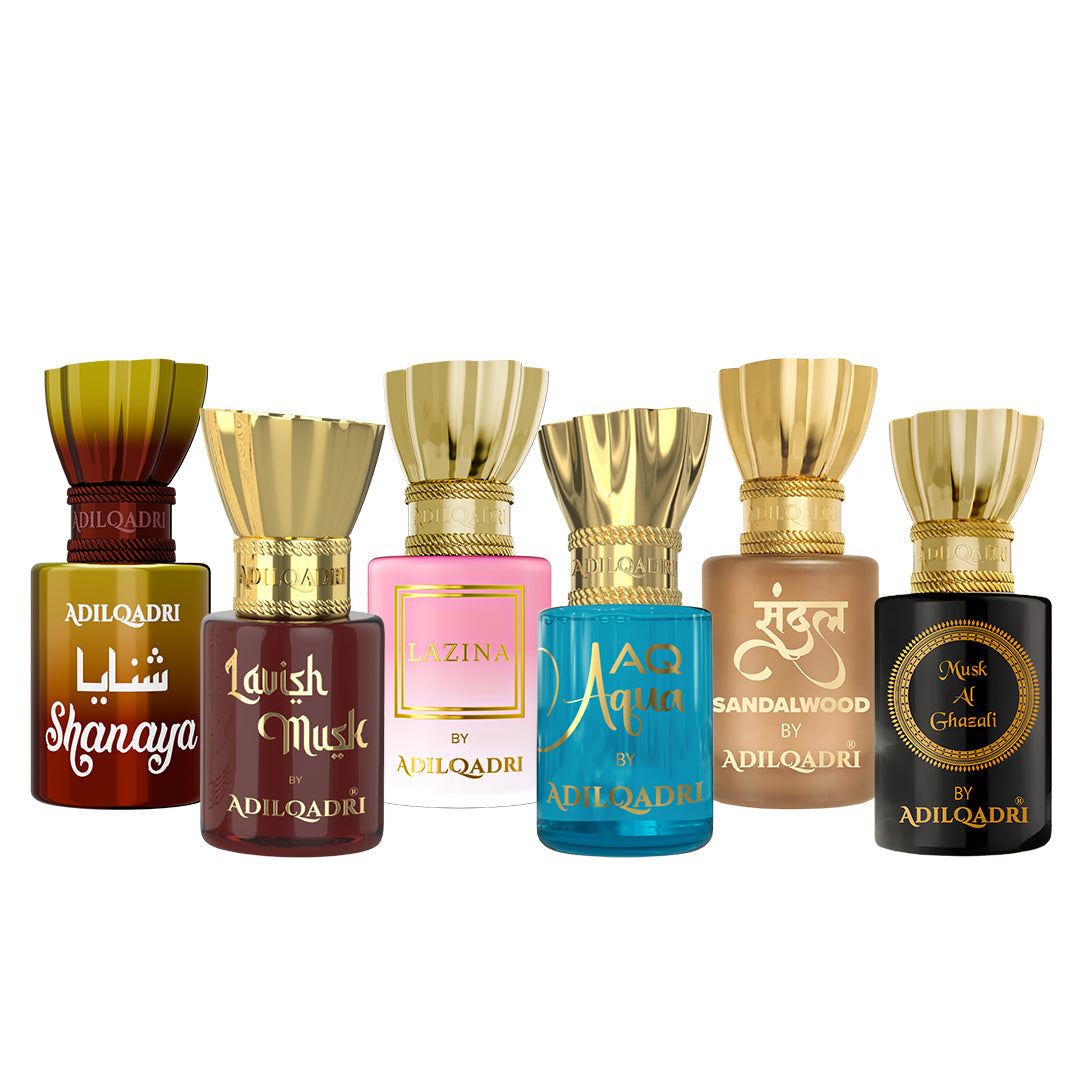Pack Of 6 Shanaya, Lavish, Lazina, AQ Aqua, Sandal, Musk AL Ghazali Attar 5.5 Ml Each